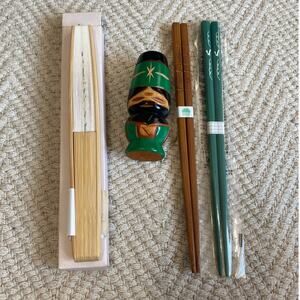 Japanese Kokeshi doll and chop stick Fan Bundle